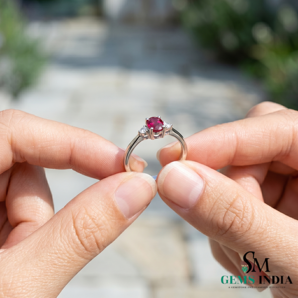 Minimalist Oval Ruby Ring with Diamond Side Stones – Timeless Elegant Style