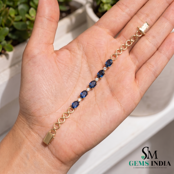 Oval Blue Sapphire and Diamond Link Bracelet for Women - Fine Gemstone Jewelry