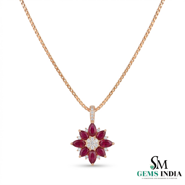 Marquise Ruby Floral Cluster Diamond Pendant Necklace - Fine Jewelry Necklace