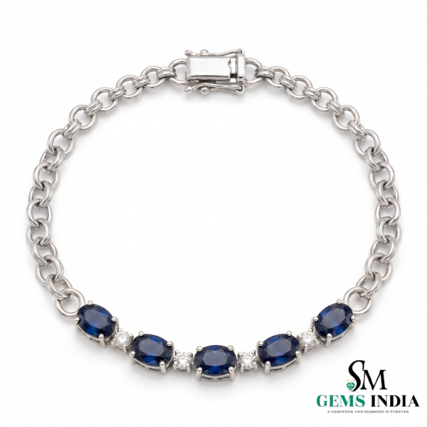 Oval Blue Sapphire and Diamond Link Bracelet for Women - Fine Gemstone Jewelry