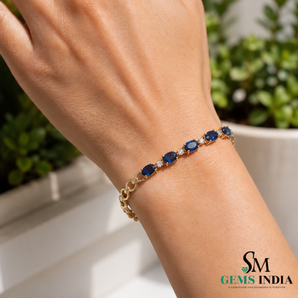 Oval Blue Sapphire and Diamond Link Bracelet for Women - Fine Gemstone Jewelry