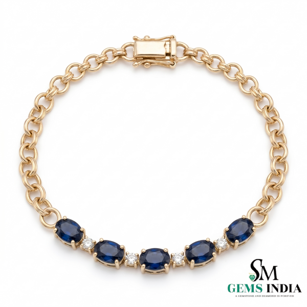 Oval Blue Sapphire and Diamond Link Bracelet for Women - Fine Gemstone Jewelry