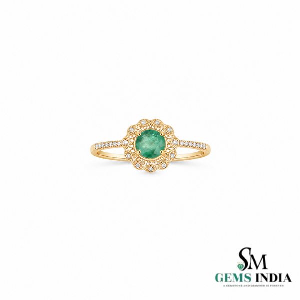 Round Emerald Diamond Floral Promise Ring for Women - Anniversary Gift