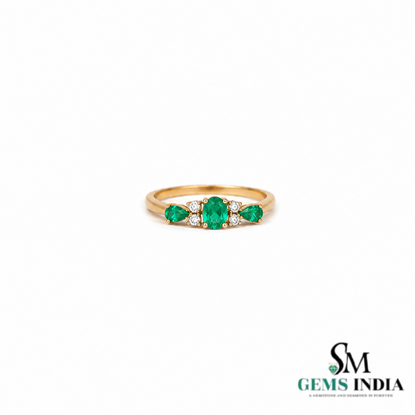 Oval and Pear Emerald Engagement Ring with Diamond Halo Accents