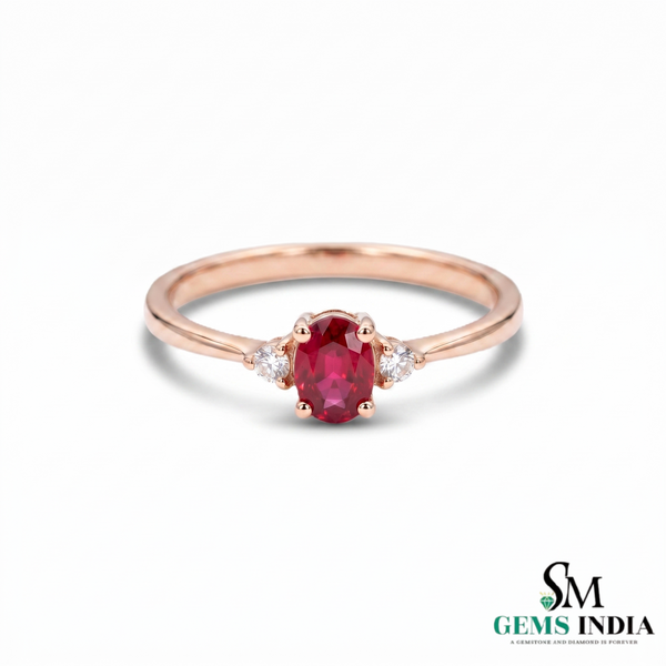 Minimalist Oval Ruby Ring with Diamond Side Stones – Timeless Elegant Style