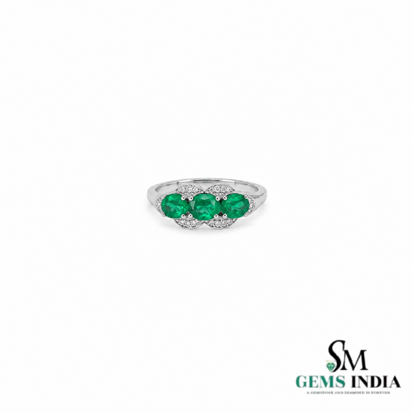 Three Stone Oval Emerald and Diamond Ring - Engagement Ring for her
