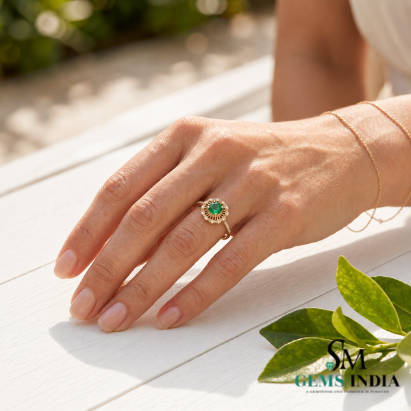 Round Emerald Diamond Floral Promise Ring for Women - Anniversary Gift