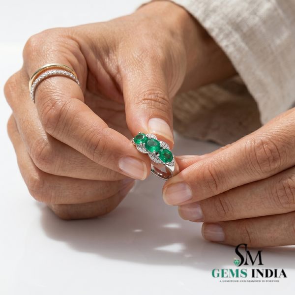 Three Stone Oval Emerald and Diamond Ring - Engagement Ring for her