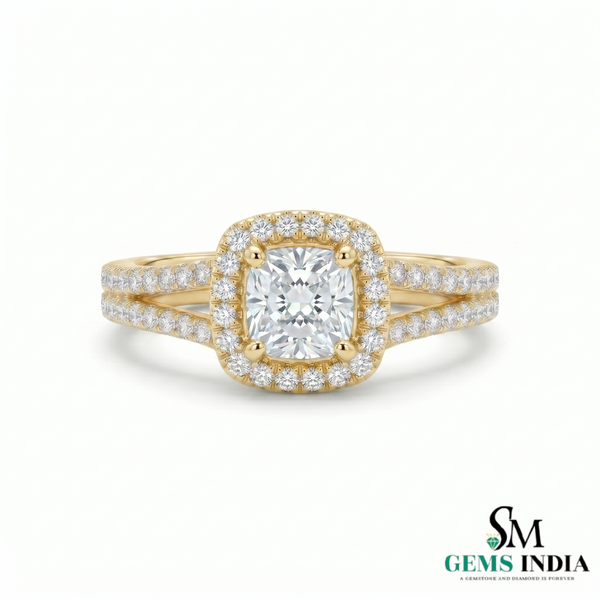 Cushion Cut Lab Grown Diamond Halo Ring in 14K Gold - Split Shank Engagement Ring
