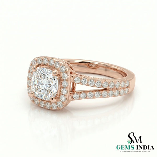 Cushion Cut Lab Grown Diamond Halo Ring in 14K Gold - Split Shank Engagement Ring