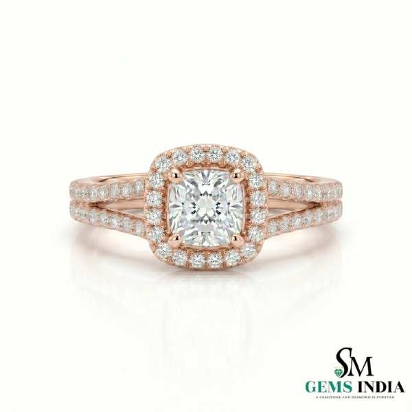Cushion Cut Lab Grown Diamond Halo Ring in 14K Gold - Split Shank Engagement Ring