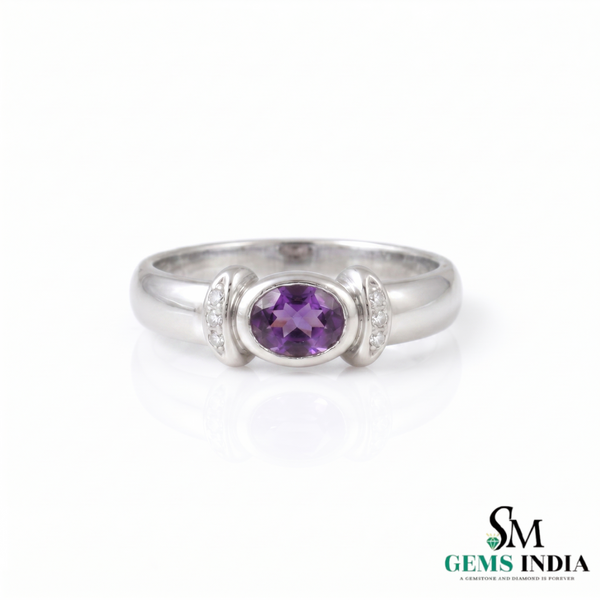 Natural Amethyst & Diamond Bezel Set Ring - Oval Gemstone Promise Ring for Her