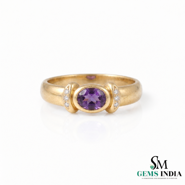 Natural Amethyst & Diamond Bezel Set Ring - Oval Gemstone Promise Ring for Her