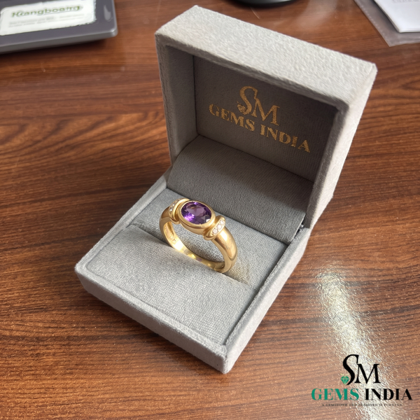 Natural Amethyst & Diamond Bezel Set Ring - Oval Gemstone Promise Ring for Her