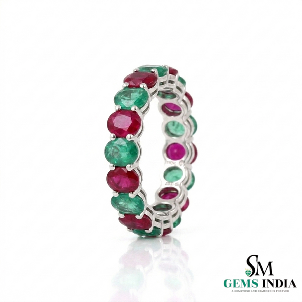Ruby & Emerald Eternity Band Ring – Oval Gemstone Stackable Wedding Band
