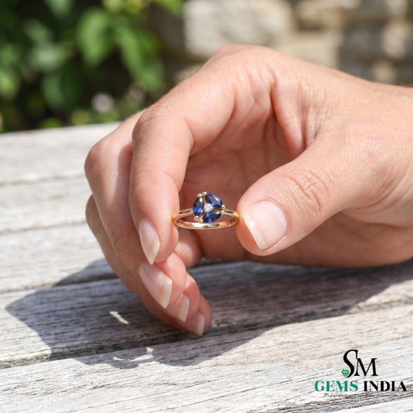 Vintage-Inspired Marquise Blue Sapphire & Diamond Cluster Ring- Minimalist Jewelry Gift