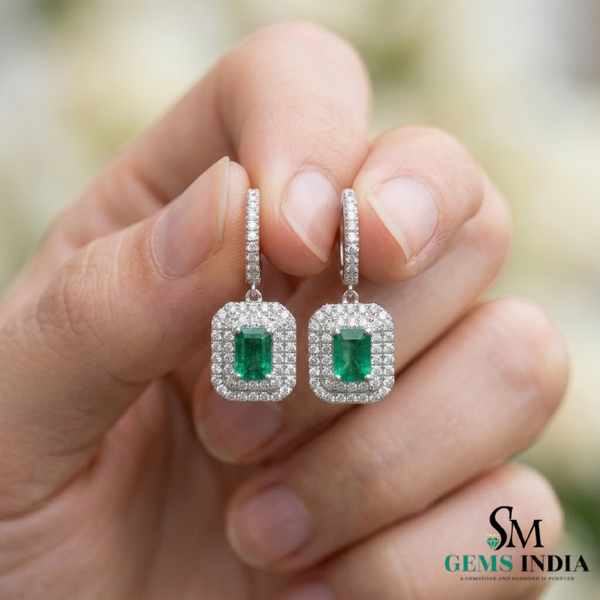 Emerald Cut Emerald & Diamond Halo Drop Earrings - Gift For Her
