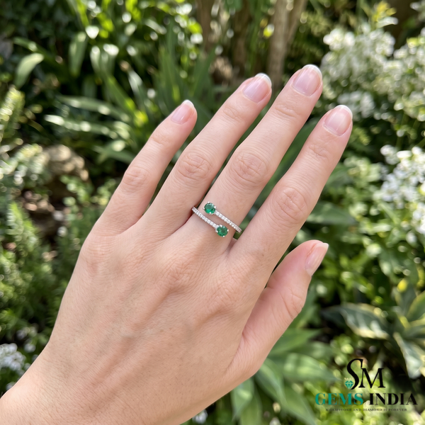 Elegant Oval Emerald and Diamond Bypass Ring - Green Gemstone Jewelry