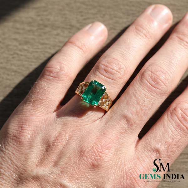 Emerald Cut Emerald Cocktail Ring with Diamond Accents - Vintage Statement Ring