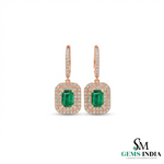 Emerald Cut Emerald & Diamond Halo Drop Earrings - Gift For Her