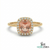 Gold ring with a pink gemstone and diamonds on a white background, branded 'SM Gems India'.