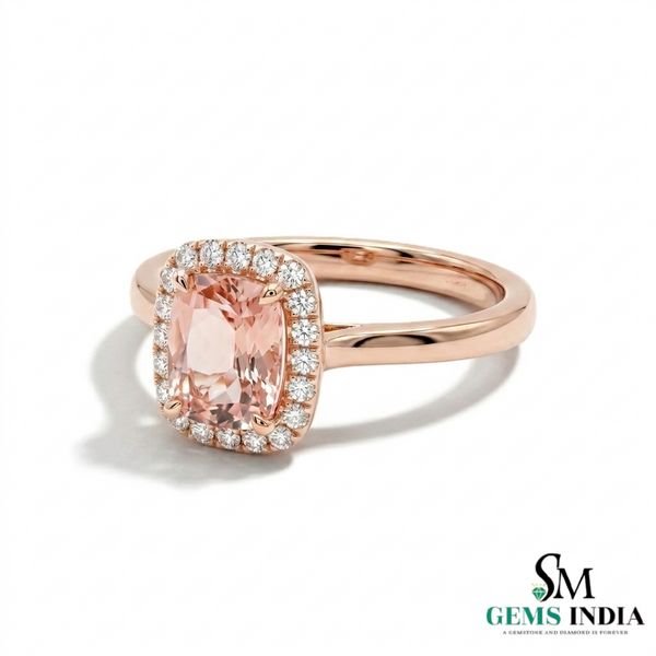 Cushion-cut peach gemstone ring with diamond halo in rose gold setting, elegant women’s jewelry desig