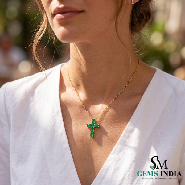 Woman wearing a gold necklace with a green pendant, blurred outdoor background