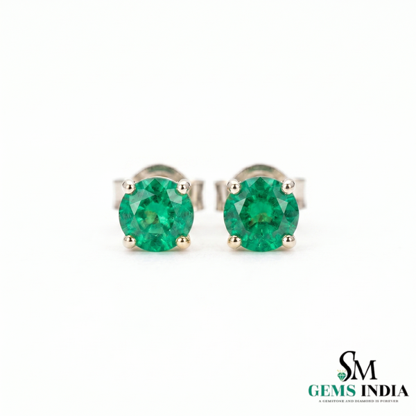 Green gemstone stud earrings on a white background with 'SM Gems India' logo.