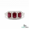 Ring with three rectangular red gemstones and diamond-studded band on a white background, branded 'SM Gems India'.