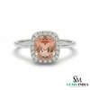 Cushion-cut peach gemstone ring with diamond halo in white gold setting for women