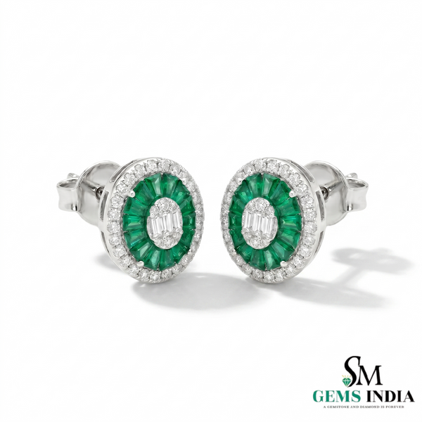 Baguettes Emerald &amp; Diamond Halo Stud Earrings - Luxury Green Gemstone Earrings
