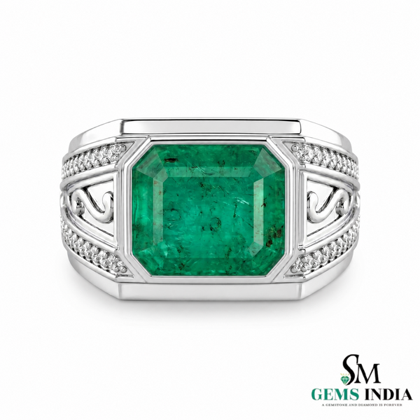 Emerald Cut Emerald Signet Ring for Men in 14K Gold with Diamond Accents