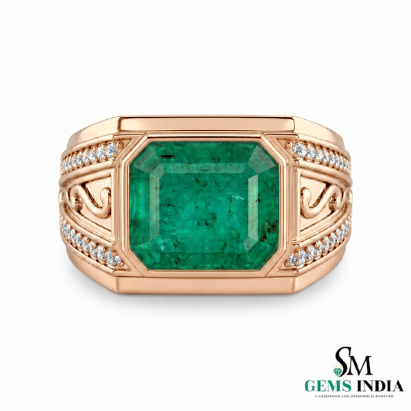 Emerald Cut Emerald Signet Ring for Men in 14K Gold with Diamond Accents