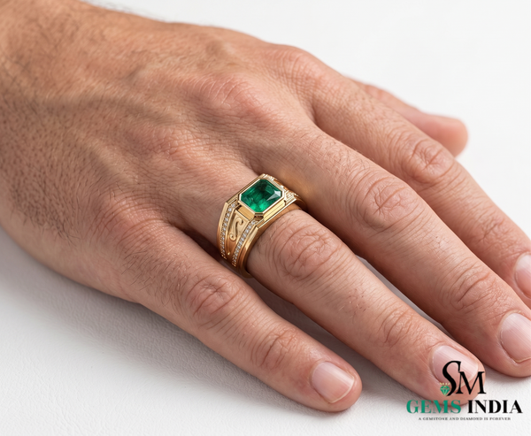 Emerald Cut Emerald Signet Ring for Men in 14K Gold with Diamond Accents