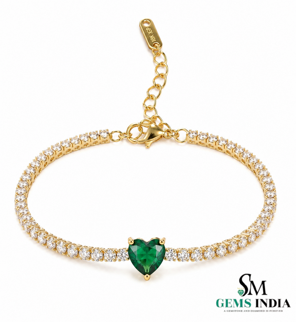 Natural Emerald Heart Center Stone Tennis Bracelet - Gift for Her