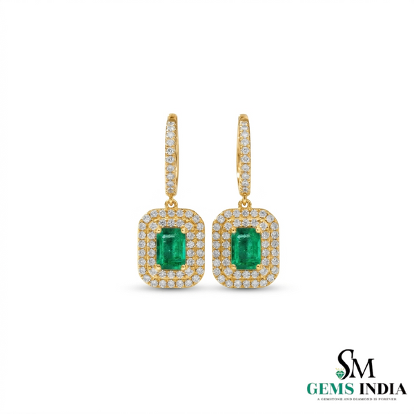 Emerald Cut Emerald & Diamond Halo Drop Earrings - Gift For Her