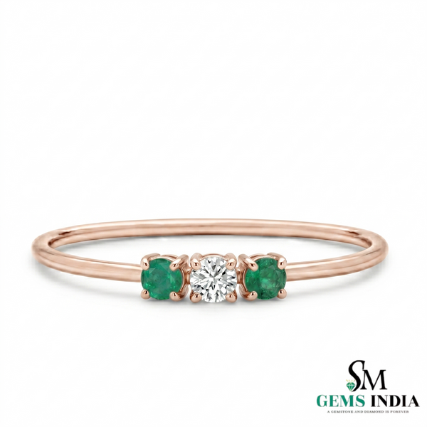 Emerald & Diamond Three Stone Ring in Gold – Dainty Minimal Trilogy Ring for Women