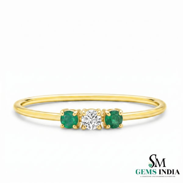 Emerald & Diamond Three Stone Ring in Gold – Dainty Minimal Trilogy Ring for Women