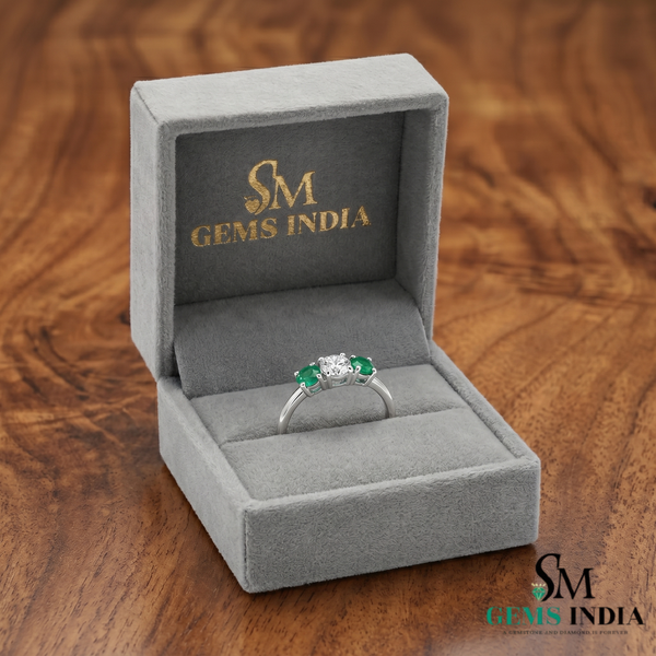 Emerald & Diamond Three Stone Ring in Gold – Dainty Minimal Trilogy Ring for Women