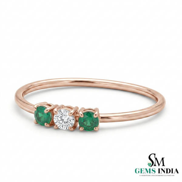 Emerald & Diamond Three Stone Ring in Gold – Dainty Minimal Trilogy Ring for Women