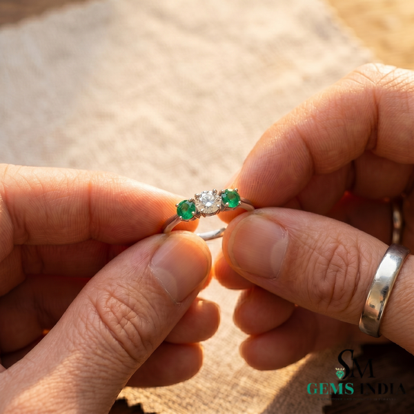 Emerald & Diamond Three Stone Ring in Gold – Dainty Minimal Trilogy Ring for Women