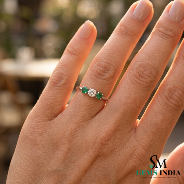 Emerald & Diamond Three Stone Ring in Gold – Dainty Minimal Trilogy Ring for Women