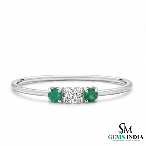 Emerald & Diamond Three Stone Ring in Gold – Dainty Minimal Trilogy Ring for Women
