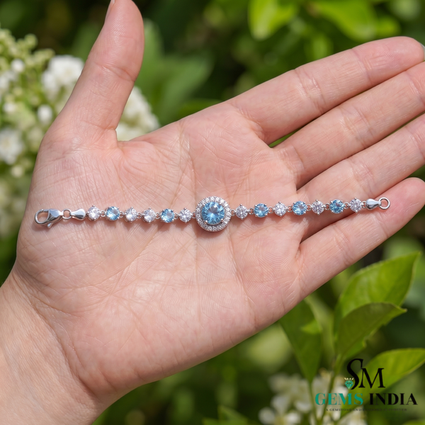 Round Natural Aquamarine Bracelet for Women - March Birthstone Gift