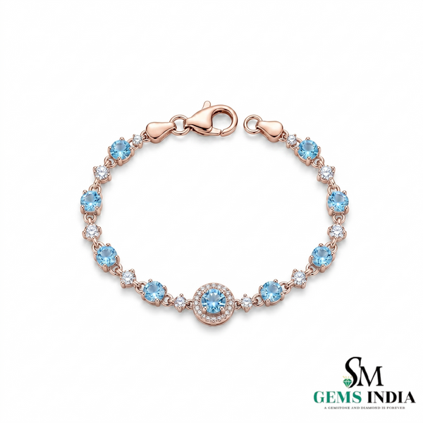 Round Natural Aquamarine Bracelet for Women - March Birthstone Gift