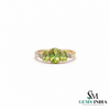Natural Green Peridot Three Stone Oval Ring with Diamond Accent Leaves