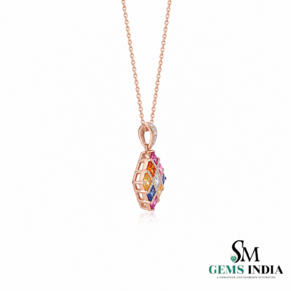 Rainbow Princess Cut Gemstone Square Pendant with Diamond Accents - Colorful Fine Jewelry