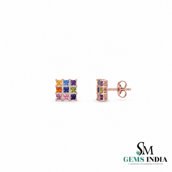 Natural Rainbow Princess Cut Gemstone Square Stud Earrings with Diamond Accent Grid Design