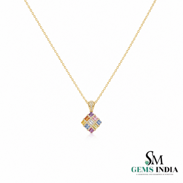 Rainbow Princess Cut Gemstone Square Pendant with Diamond Accents - Colorful Fine Jewelry
