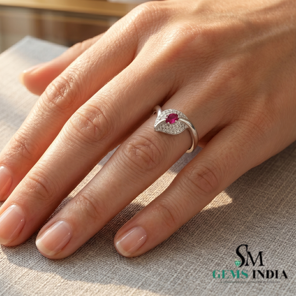 Natural Oval Ruby and Diamond Eye Ring - Unique Gold Cocktail Ring